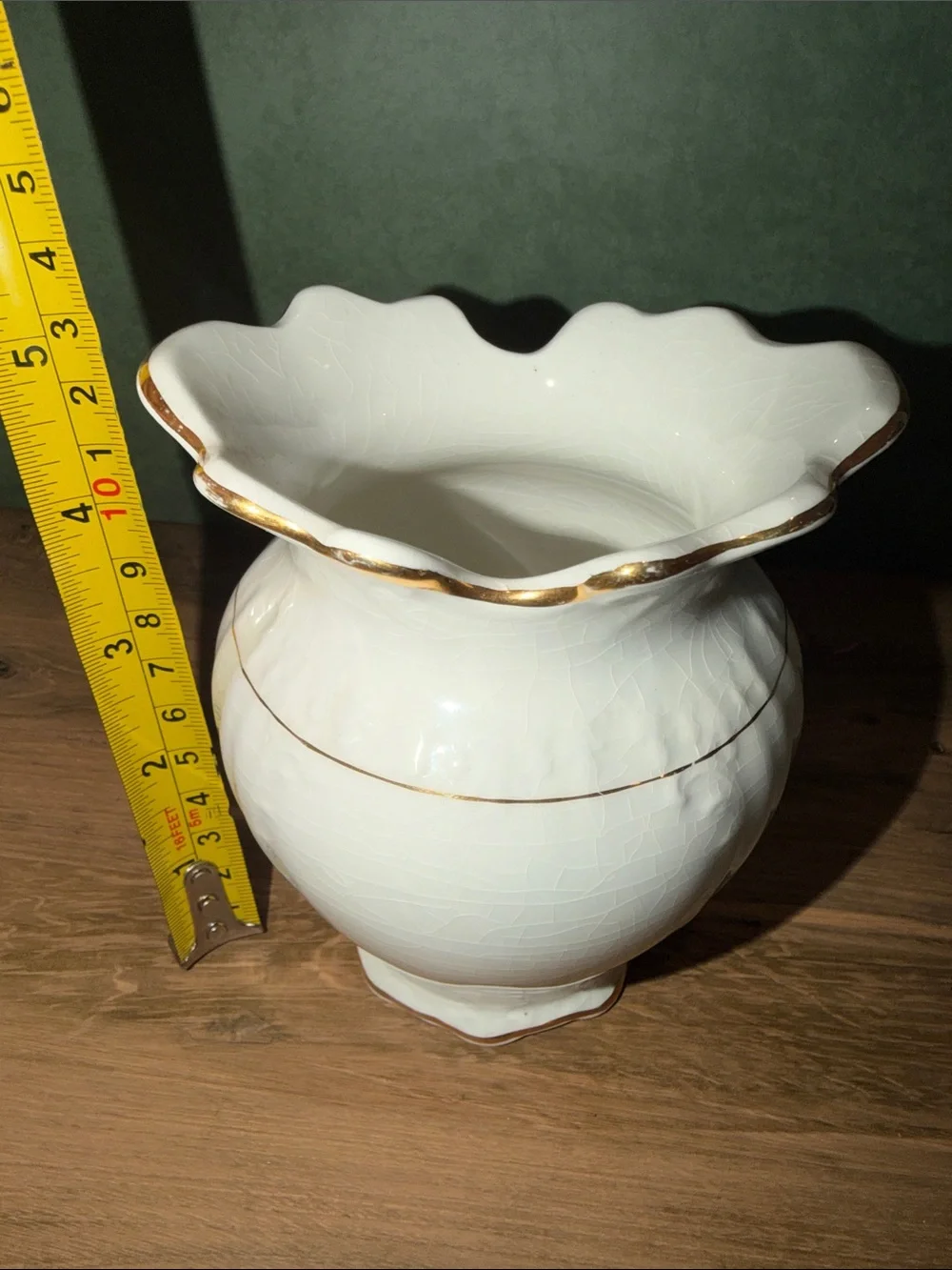 Smith Phillips Fenix White Ceramic Scalloped Rim Vase with Gold Trim